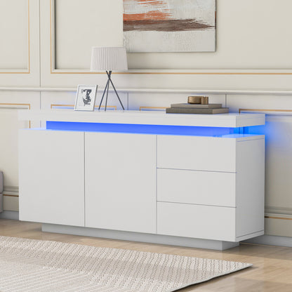 Sideboard Schrank Modern Wohnzimmer Beistellschrank Standschrank Kommode Highboard Anrichte Möbel 2 Türen 3 Schubladen Hochglanz Sideboard mit LED Licht Grifflose 140x35x72.5cm - Weiß