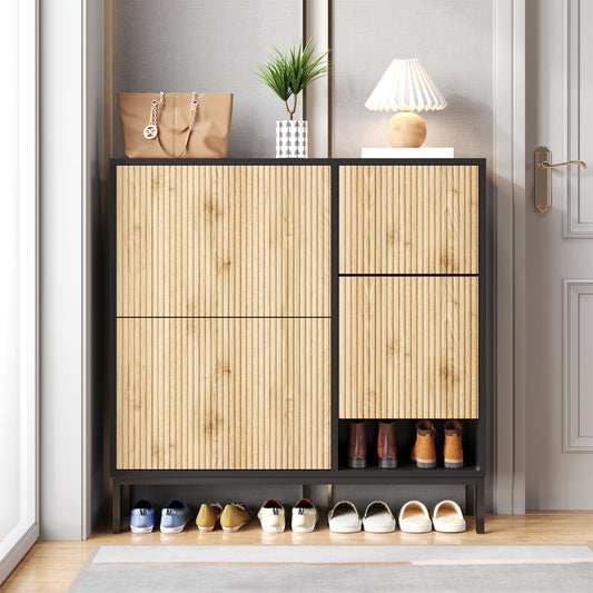 Schuhschrank mit Schuhwechselhocker, dreifach klappbarem Schuhregal und offenem Stauraum, geeignet für Flure, Schwarz + Holzfarbe
