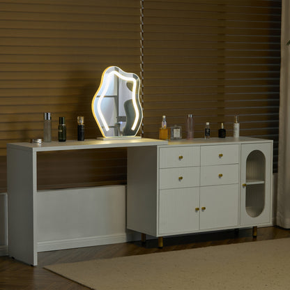 Schminktisch, Kosmetiktisch-Set mit Spiegel und Beleuchtung, ausziehbare Tischplatte, links-rechts wechselbar, 3-farbige LED-Beleuchtung, Maße: B100/H74.5/T40 cm (ohne Hocker)