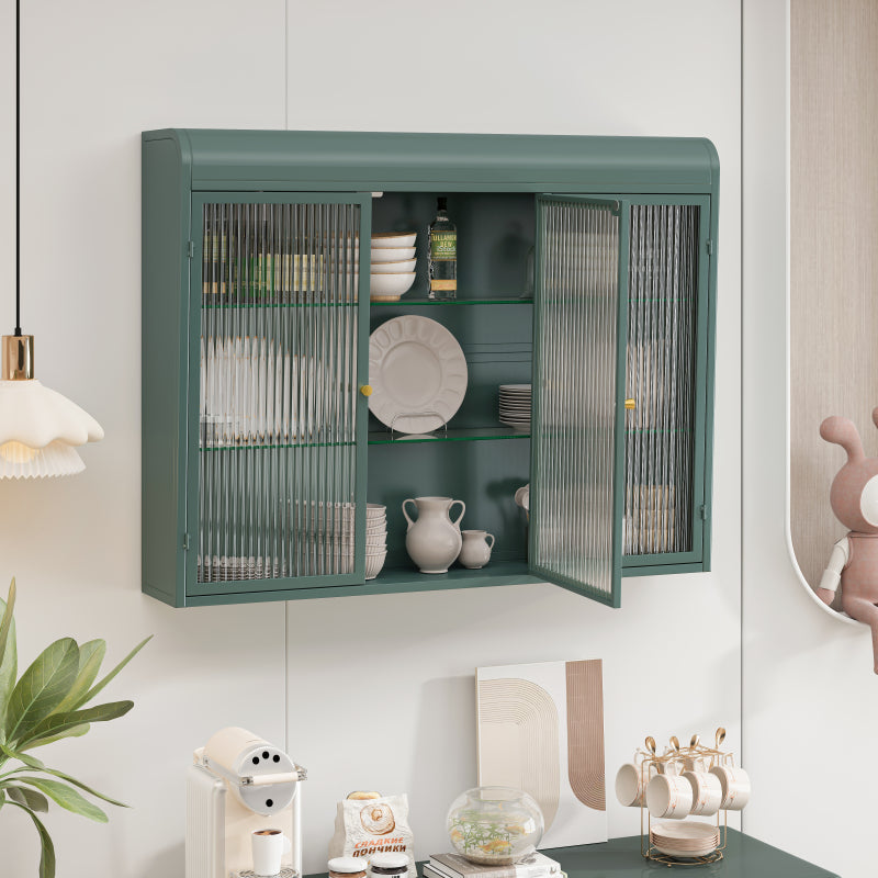 3 Door Arched Wall Mounted Glass Cabinets for Kitchen, Living Room and Bathroom(Dark green)