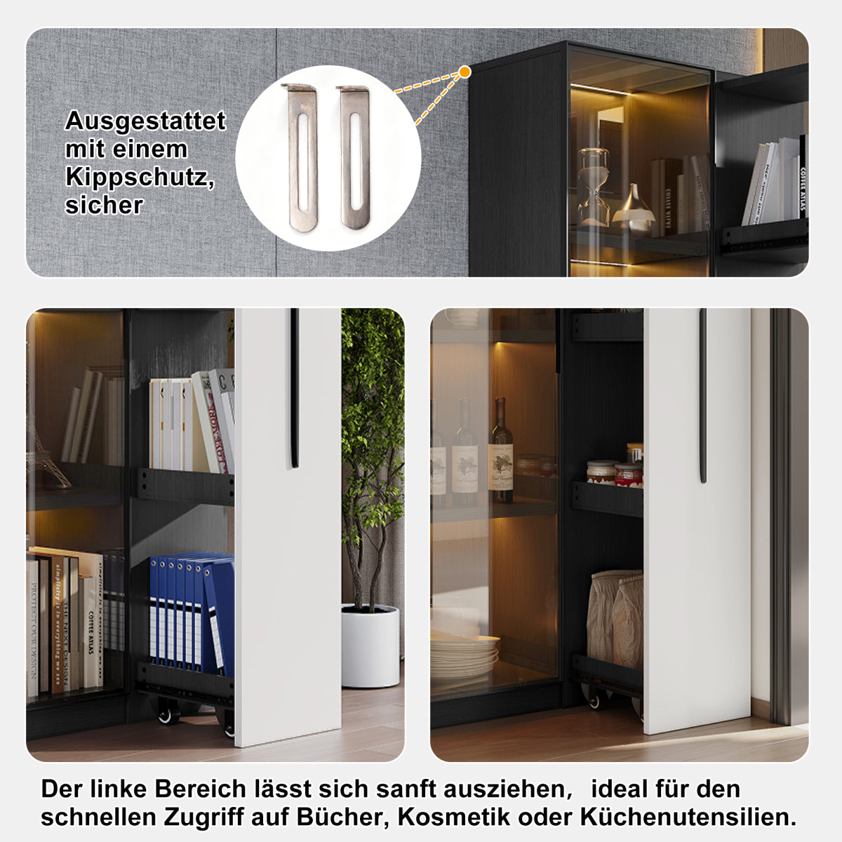 Multifunktionsschrank 70x40x160cm - LED Vitrine mit Glastür aus gehärtetem Glas & Aluminiumrahmen, Seitenauszug auf Rollen, Schwarz-Weiß