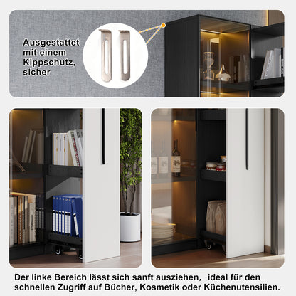 Multifunktionsschrank 70x40x160cm - LED Vitrine mit Glastür aus gehärtetem Glas & Aluminiumrahmen, Seitenauszug auf Rollen, Schwarz-Weiß