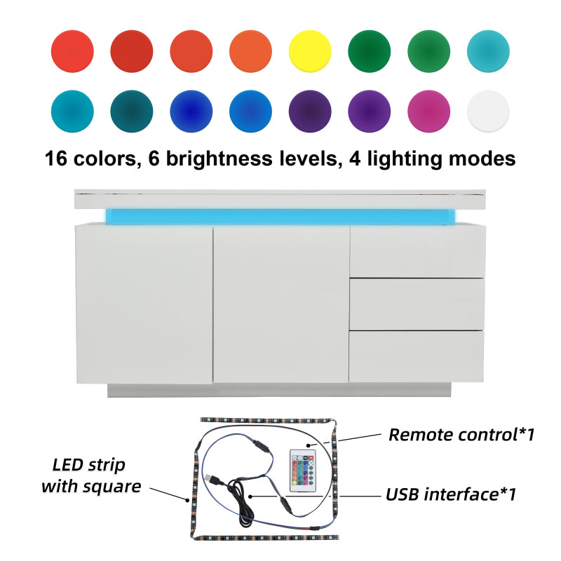 Sideboard Schrank Modern Wohnzimmer Beistellschrank Standschrank Kommode Highboard Anrichte Möbel 2 Türen 3 Schubladen Hochglanz Sideboard mit LED Licht Grifflose 140x35x72.5cm - Weiß