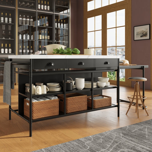 Kücheninseln, Ausziehbare Kunstmarmorplatte Industrial mit 3-Schubladen, Multifunktionales Küchen- und Esszimmer-Möbel, Kücheninsel Küchenregal Küchewagen Sideboard, MDF Arbeitsplatte Küche Regal