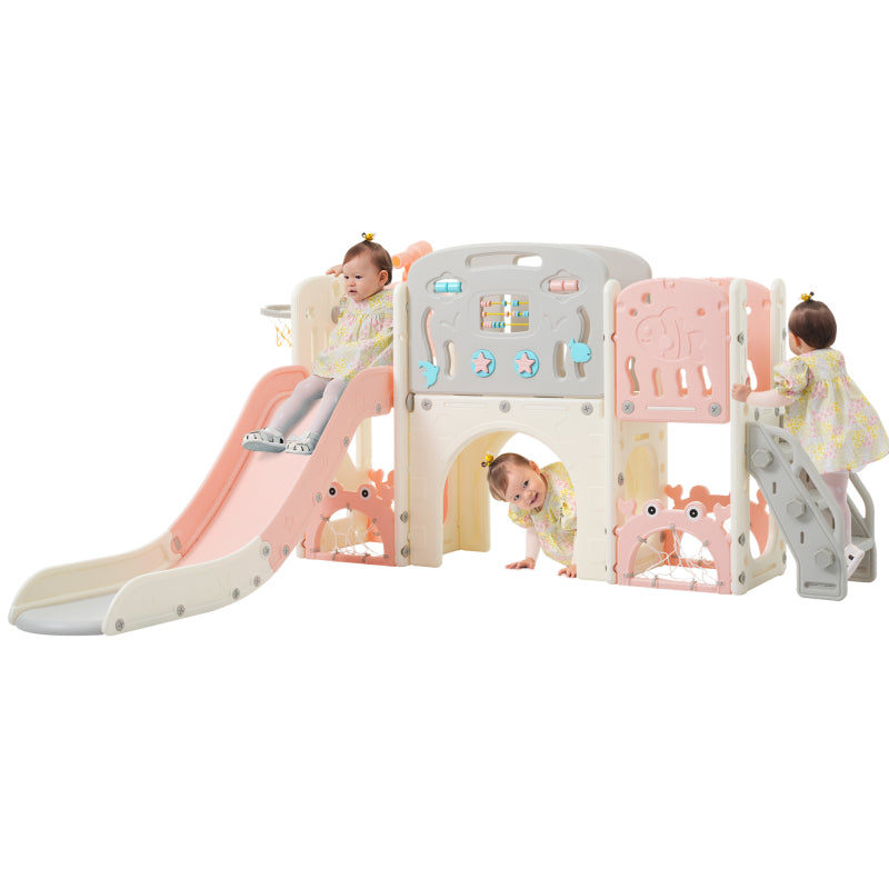 Kinderspielplatz-Set 8-in-1, Freistehendes Meerestier-Motiv-Set mit Rutsche, Bogentunnel, Basketballkorb und Teleskop, Doppelte Rutschen für Kleinkinder, Klettergerüst für Kinder