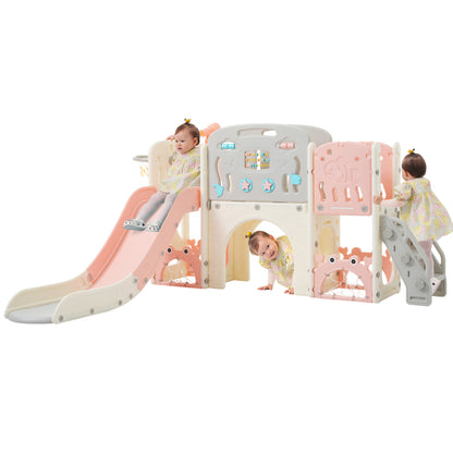 Kinderspielplatz-Set 8-in-1, Freistehendes Meerestier-Motiv-Set mit Rutsche, Bogentunnel, Basketballkorb und Teleskop, Doppelte Rutschen für Kleinkinder, Klettergerüst für Kinder