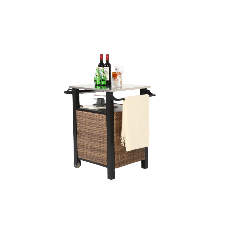Single door bar cart,Outdoor Kitchen Wicker Island Rolling Cart & Storage Cabinet, Wheels and Stainless Steel Extended Table Top, Side Handle for Patio Kitchen or Bar Cart, Brown