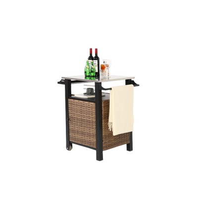 Single door bar cart,Outdoor Kitchen Wicker Island Rolling Cart & Storage Cabinet, Wheels and Stainless Steel Extended Table Top, Side Handle for Patio Kitchen or Bar Cart, Brown