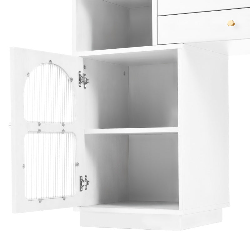 Kosmetiktisch-Set mit LED-Spiegel und 3-Farben-Beleuchtung, Schminktisch aus Holz mit 3 Schubladen und Seitenschrank, ausziehbares Design - Maße: B120/H90/T40 cm (ohne Hocker)