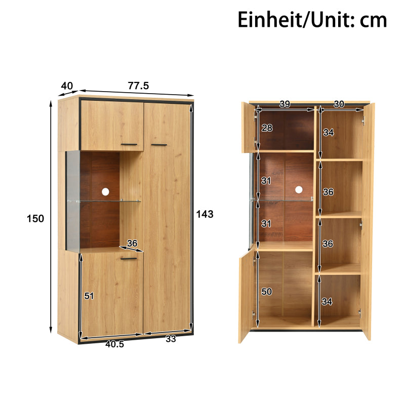 Moderne Vitrine mit LED-Beleuchtung - 150Hcm - Glastür, Mehrzweckregale, 15 Farboptionen, Großer Stauraum, Glasboden, Schaukasten, Präsentationsmöbel, Schrank mit Beleuchtung,Möbel mit Glastür