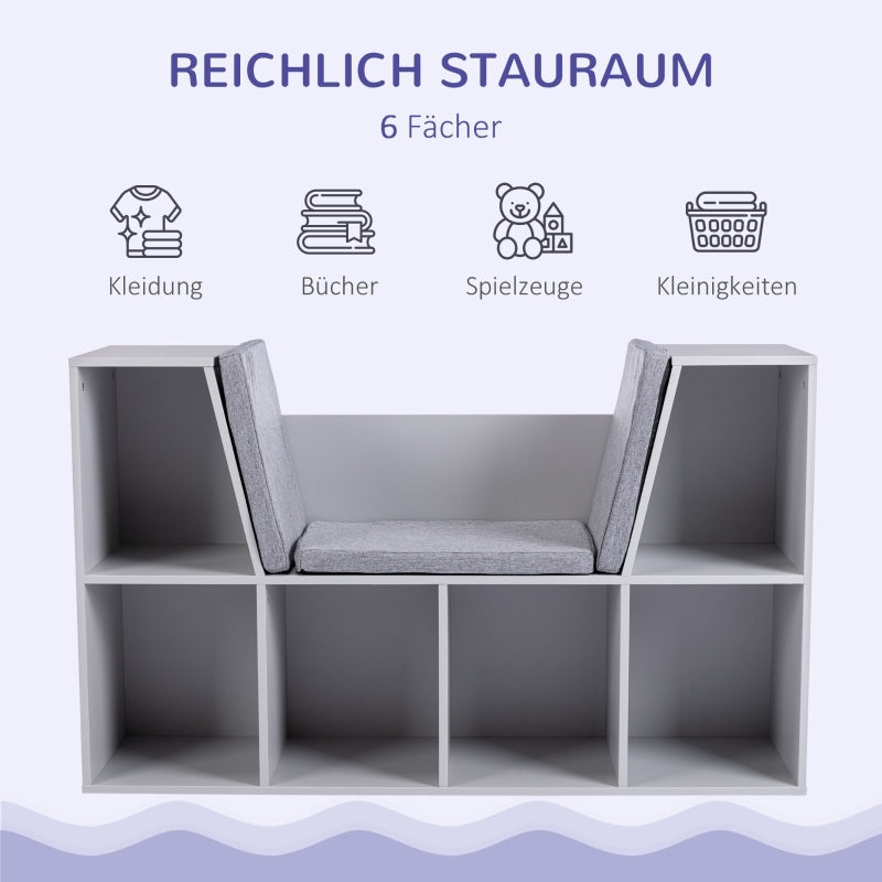 Kinderregal Bücherregal mit Sitzhocker Kindersitzbank mit 6 Fächern Sitztruhe mit 3 Kissen Spielzeugkiste ab 3 Jahren Grau