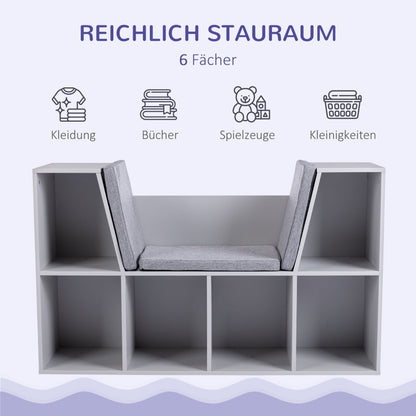 Kinderregal Bücherregal mit Sitzhocker Kindersitzbank mit 6 Fächern Sitztruhe mit 3 Kissen Spielzeugkiste ab 3 Jahren Grau