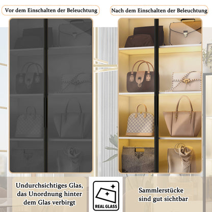 Glasvitrine, Bücherregal und Multifunktionsschrank mit Beleuchtung und Schubladen, mehrfarbige LED, 60×40×160 cm White