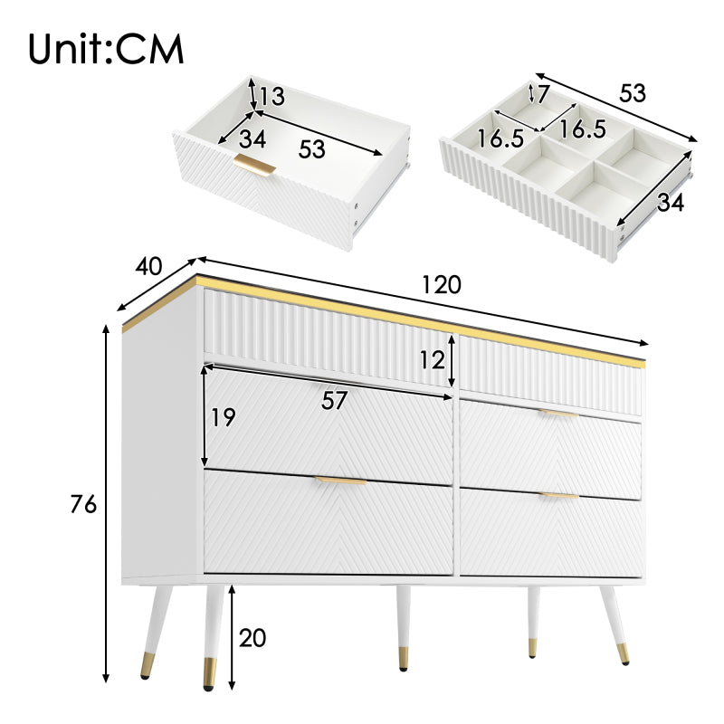 Kommode Sideboard aus Bernstein Glas, Kommode mit 6 Schubladen,Facheinteilung, kippsicher, Hochschrank für Schlafzimmer und alle Wohnräume, 120 x 40 x 76 cm, weiß