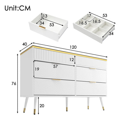 Kommode Sideboard aus Bernstein Glas, Kommode mit 6 Schubladen,Facheinteilung, kippsicher, Hochschrank für Schlafzimmer und alle Wohnräume, 120 x 40 x 76 cm, weiß