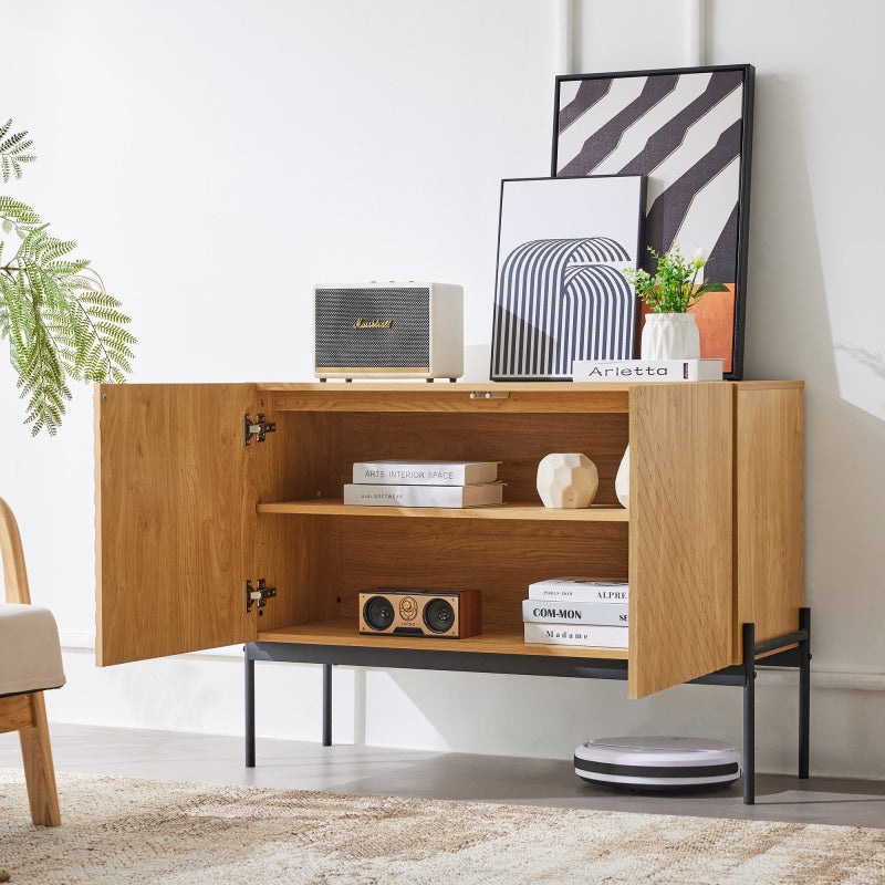 Sideboard mit 2 Türen und Metallbeinen, Buffet, Kommode mit Linien-Design, Maße: H 75 cm / B 100 cm / T 40 cm