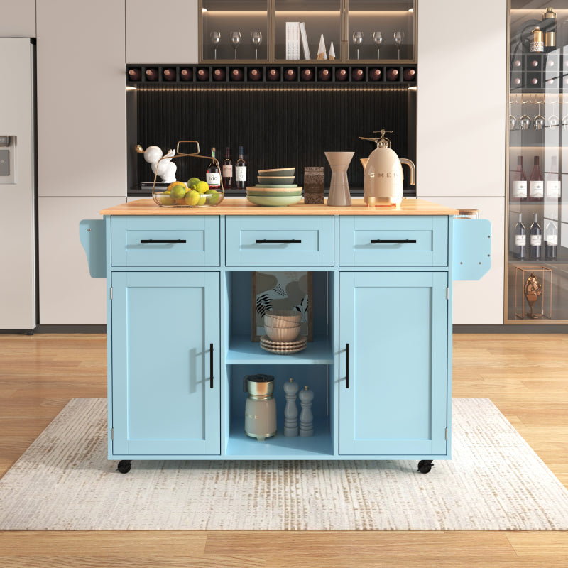 139x46(71)x91,5 cm großer Esswagen/Anrichte, Korpus Blau + Arbeitsplatte in Massivholzmaserung, klappbare Arbeitsplatte, Ablagetür, Rollen, auswechselbare Massivholzfüße, geeignet für Esszimmer, Küche