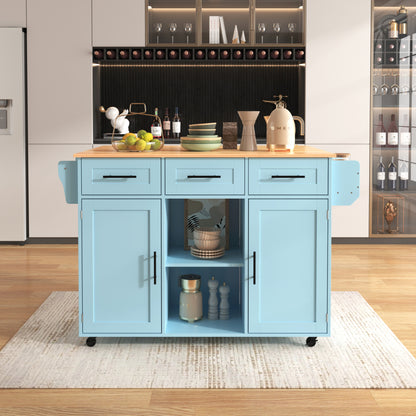 139x46(71)x91,5 cm großer Esswagen/Anrichte, Korpus Blau + Arbeitsplatte in Massivholzmaserung, klappbare Arbeitsplatte, Ablagetür, Rollen, auswechselbare Massivholzfüße, geeignet für Esszimmer, Küche