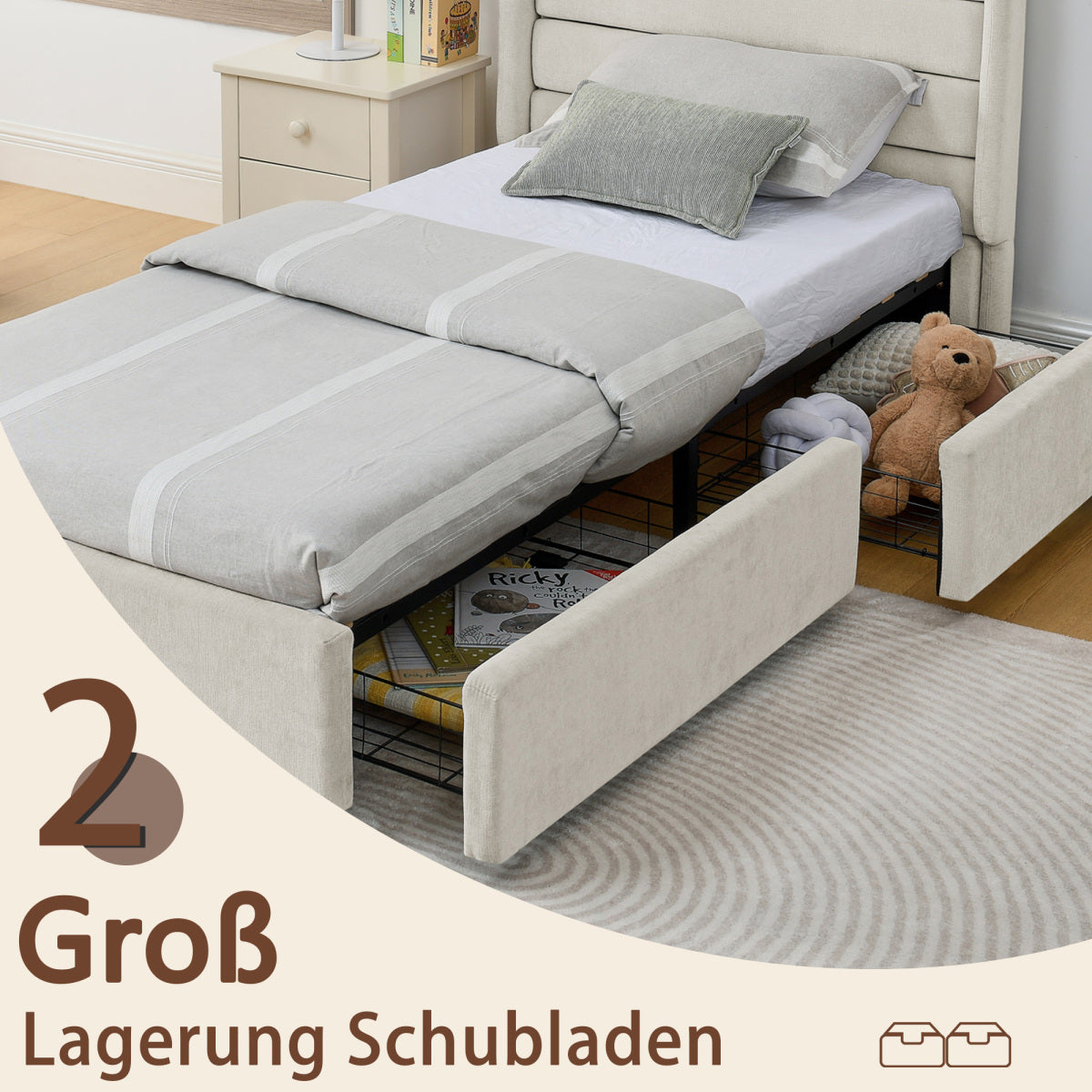 Einzelbett 90×200 cm mit Chenille-Oberfläche & 2 Schubladen, stabiles Bettgestell aus Holz/Metall, ideal für Kinder-, Jugend- & Gästezimmer, Beige (ohne Matratze)