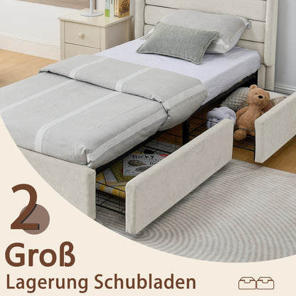 Einzelbett 90×200 cm mit Chenille-Oberfläche & 2 Schubladen, stabiles Bettgestell aus Holz/Metall, ideal für Kinder-, Jugend- & Gästezimmer, Beige (ohne Matratze)