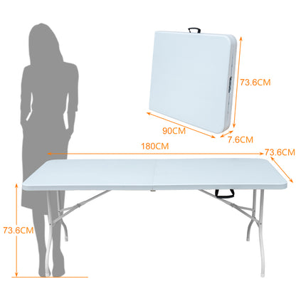 180cm Portable Heavy Duty Folding Table with Handle, Foldable Table, Multi-Functional Fold up Table for Camping Picnic Parties Indoor/Outdoor, Capacity Weight 135KG (White)