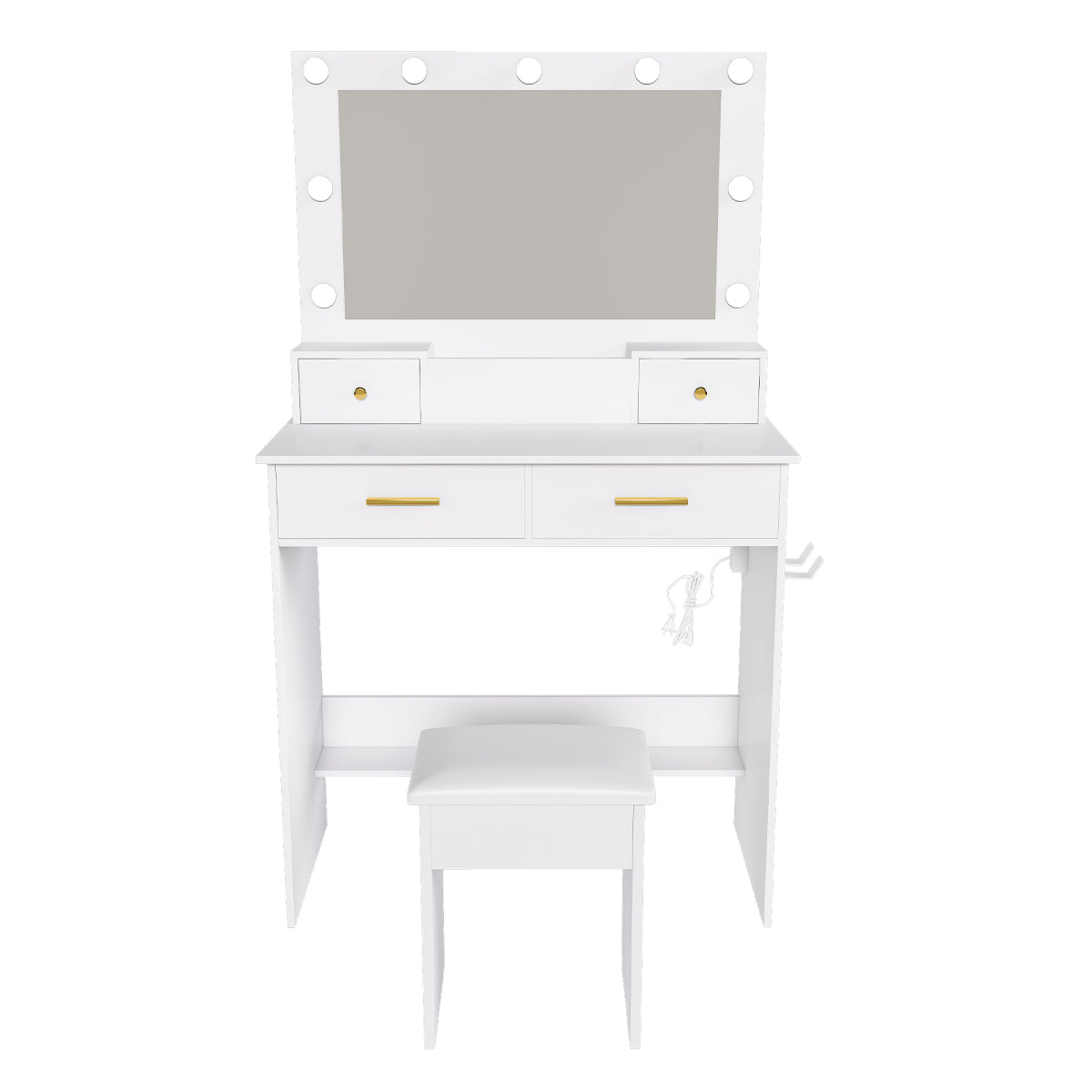 Schminktisch LED, 3 Stufen, Steckdose, 4 Schubladen, inkl. Hocker, Weiß