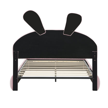 Polsterbett, Doppelbett, hydraulisches Bett, Hasenohren mit einstellbarer Helligkeit warmfarbenen Lichtstreifen, Stauraum unter dem Bett, zwei Aufbewahrungshockern, Samt, Rosa, 140x200cm