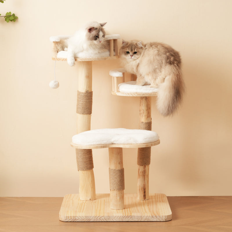 Designer Katzenklettergerüst aus Massivholz - 98 cm hoch, 3-stufiges Sprungbrett, abnehmbare Kissen und Spielbälle, Wolkenoptik-Imitation - Natürlich, umweltfreundlich, nachhaltige Nutzung, Katzenklet