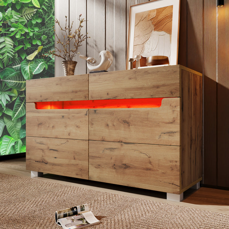 Kommode, Sideboard Holz mit 6 Schubladen, LED Beleuchtung (App Control), Mehrzweckschrank für Wohnzimmer und Schlafzimmer, 71 x 120 x 40 cm, Eiche