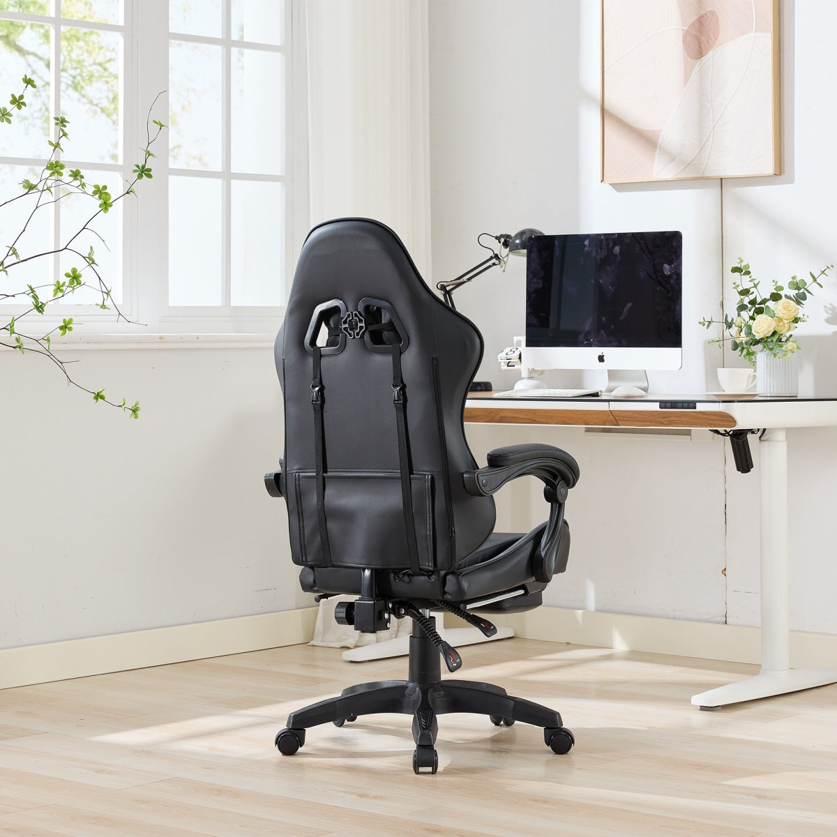 Gaming Stuhl Racing Design, 155° Liegefunktion, Fußstütze, Lendenmassage, Schwarz