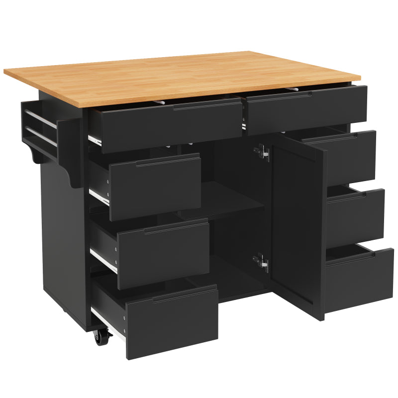 Moderne Kücheninsel, Küchenschrank, Ausziehbarer Küchenwagen mit Rollen und Arbeitsplatte, Servierwagen mit Gewürzregal und 8 Schubladen, Schwarz