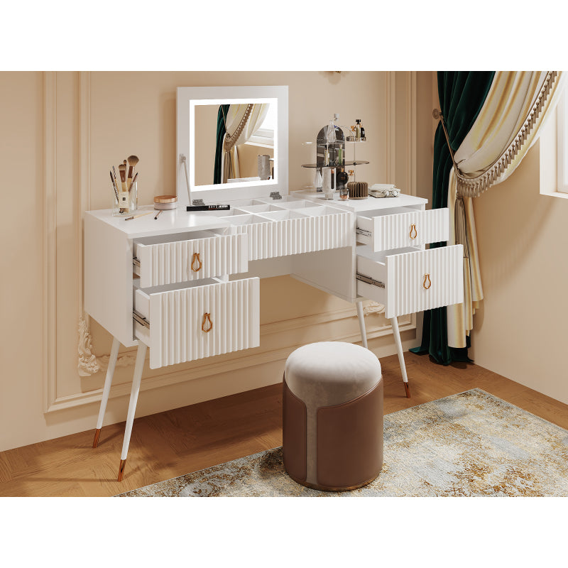 Weißer Schminktisch(Ohne Stühle), Enthält LED-Spiegel mit einstellbarer Helligkeit, luxuriösem vergoldetem Zubehör und mehreren Stauräumen, mit 4 Schubladen, Schreibtisch univer, Weiß