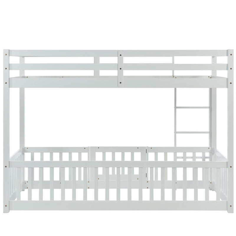 Etagenbett mit rechtwinkliger Treppe, Bett mit Zäune und Türchen, Kinderbett mit Fallschutz und Gitter, Massivholz, weiß (200x90cm)