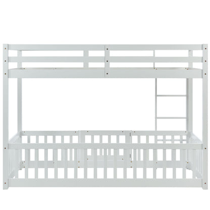 Etagenbett mit rechtwinkliger Treppe, Bett mit Zäune und Türchen, Kinderbett mit Fallschutz und Gitter, Massivholz, weiß (200x90cm)