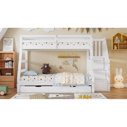 Etagenbett mit Rollbett, Kinderbett mit Leiterschrank und Handlauf, mit Fallschutzgitter an allen Seiten, Kiefer+MDF, Weiß, 90x190CM Rollbett, 90/120x200CM