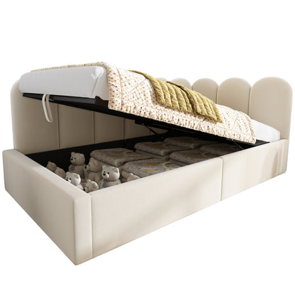 Polsterbett Daybett 90x200 cm,Tagesbett Schlafsofa mit hydraulischem Stauraum, Kinderbett mit Metall-Lattenrost, Samt, Beige, ohne Matratze