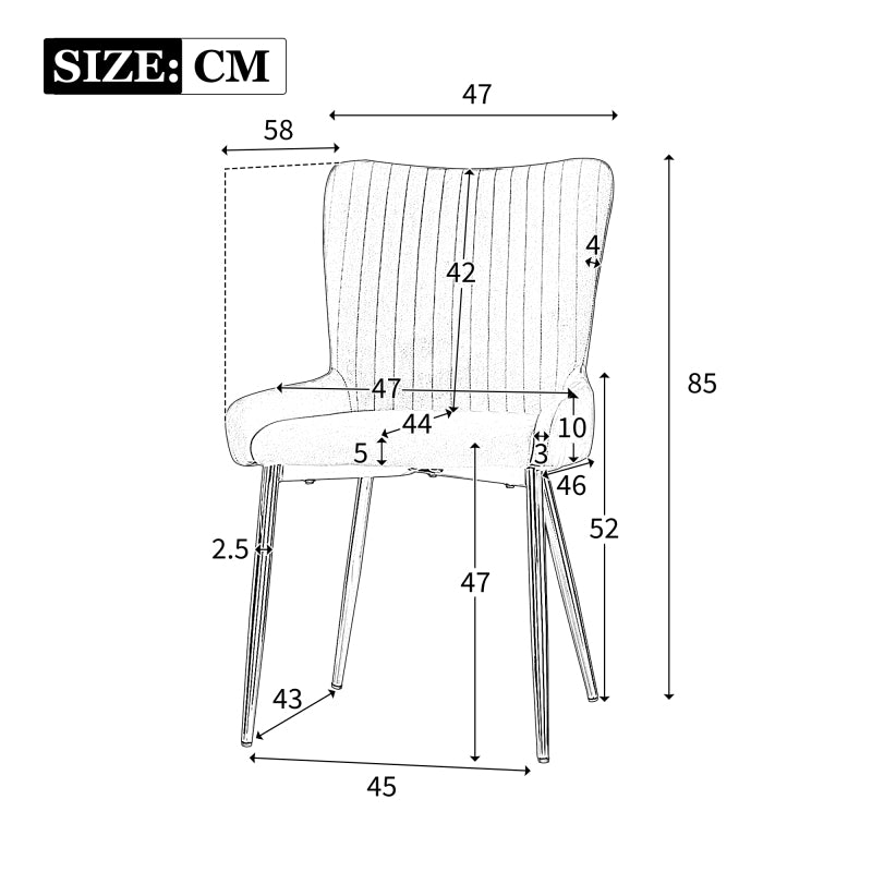 Samt-Esszimmerstuhl, 2er-Set, Lounge-Stuhl mit vier Silberne Metallstützbeinen, Lendenwirbelstütze, Beige