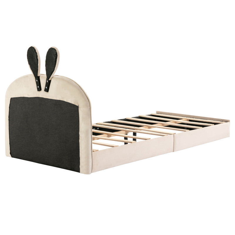 Kaninchen Kopfteil Polsterbett, Kinderbett mit Holzlatten, Einzelbett, Samt, Beige, 90x200cm
