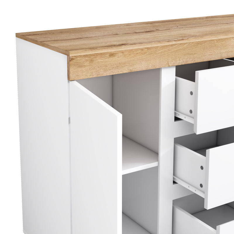 Kommode mit 3 Schubladen und 2 Türen, Schließfach,Funktion von Aufbewahrung, für Schlafzimmer und Wohnzimmer, E1-Spanplatte, weiß+oak