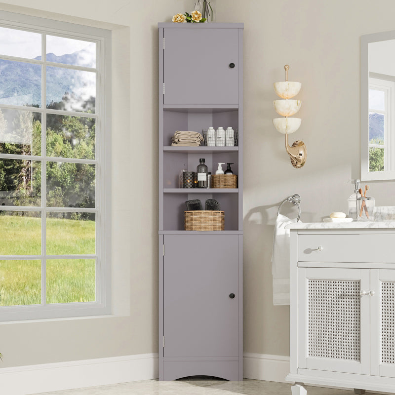 36.5 x 24.5 x 170cmDreieckiger Badezimmerschrank, feuchtigkeitsbeständiger Lack, drei offene Ablagefächer, Doppeltüren, verstellbare Einlegeböden, platzsparend, Grau