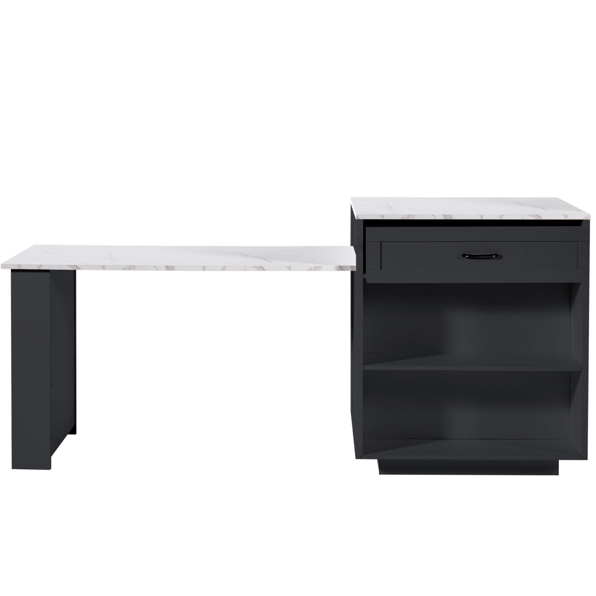 Bartisch ausziehbar 133-202cm, Kücheninsel mit Marmor-Optik & Stauraum, Esstisch für 2-6 Personen, Küchenwagen mit Schubladen & Regalen, Schwarz
