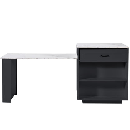 Bartisch ausziehbar 133-202cm, Kücheninsel mit Marmor-Optik & Stauraum, Esstisch für 2-6 Personen, Küchenwagen mit Schubladen & Regalen, Schwarz