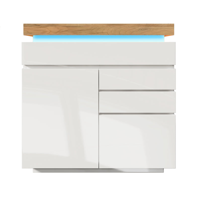 Kommode, Hochglanz Sideboard mit 2 Türen und 3 Schubladen, LED Beleuchtung (App Control), Mehrzweckschrank für Wohnzimmer und Schlafzimmer, 115 x 110 x 39 cm, Weiß