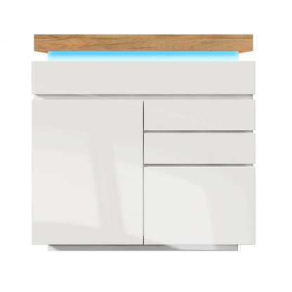 Kommode, Hochglanz Sideboard mit 2 Türen und 3 Schubladen, LED Beleuchtung (App Control), Mehrzweckschrank für Wohnzimmer und Schlafzimmer, 115 x 110 x 39 cm, Weiß