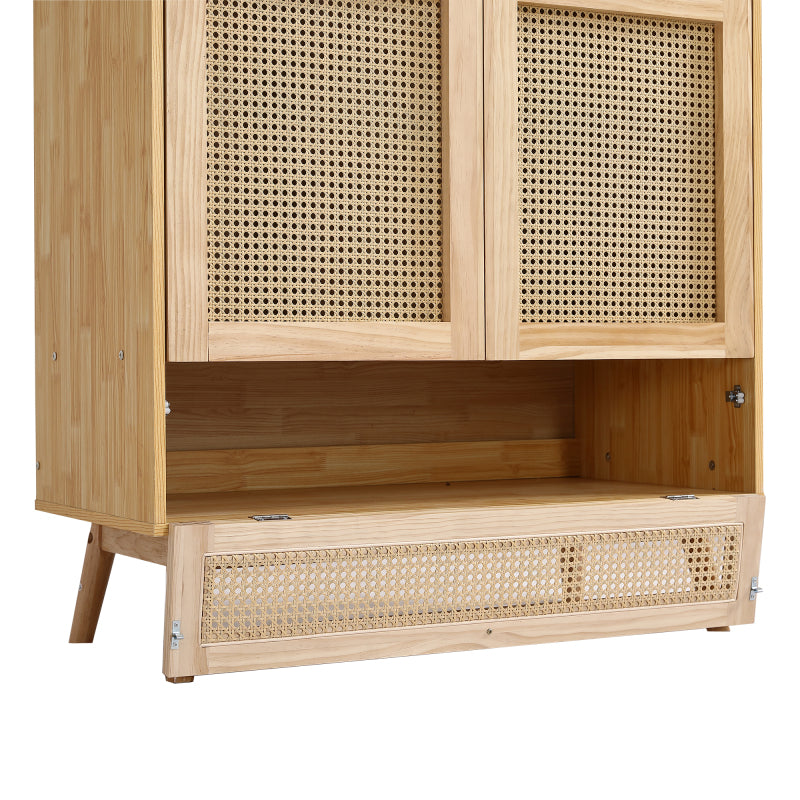 Kleiderschrank mit Stange, 2-türiger Kleiderschrank, Schlafzimmer, Rattannetz, Wohnzimmer, mit unterem Flip-Top-Deckel, Spanplatten+PE-Rattan, Natur