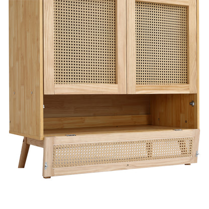Kleiderschrank mit Stange, 2-türiger Kleiderschrank, Schlafzimmer, Rattannetz, Wohnzimmer, mit unterem Flip-Top-Deckel, Spanplatten+PE-Rattan, Natur