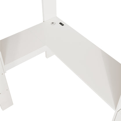 Kinderbett Hochbett mit L-förmigem Schreibtisch, Regalen und Schubladen mit USB/Type-C Ladebereich, Jugend-Einzelbett mit Leiter und Holzlattenrost, 90×200cm, Weiß, ohne Matratze.