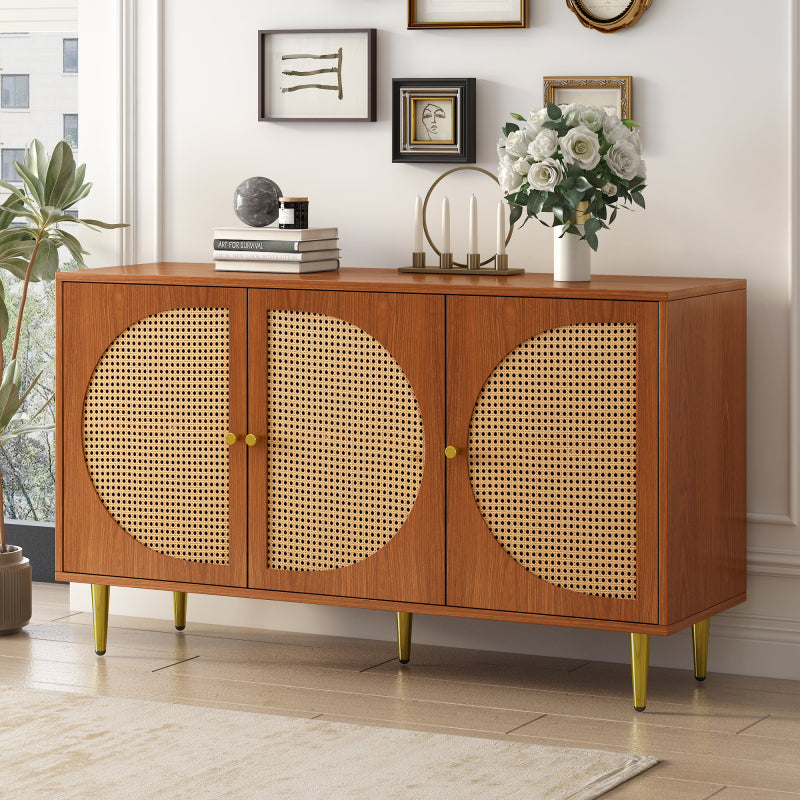 Sideboard mit 3 Rattan verzierten Türen Kommode Highboard mit Metallgriffe, für Schlafzimmer & Wohnräume & Büro, Nussbaum 129.8x 40x 76cm