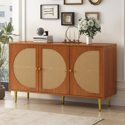 Sideboard mit 3 Rattan verzierten Türen Kommode Highboard mit Metallgriffe, für Schlafzimmer & Wohnräume & Büro, Nussbaum 129.8x 40x 76cm