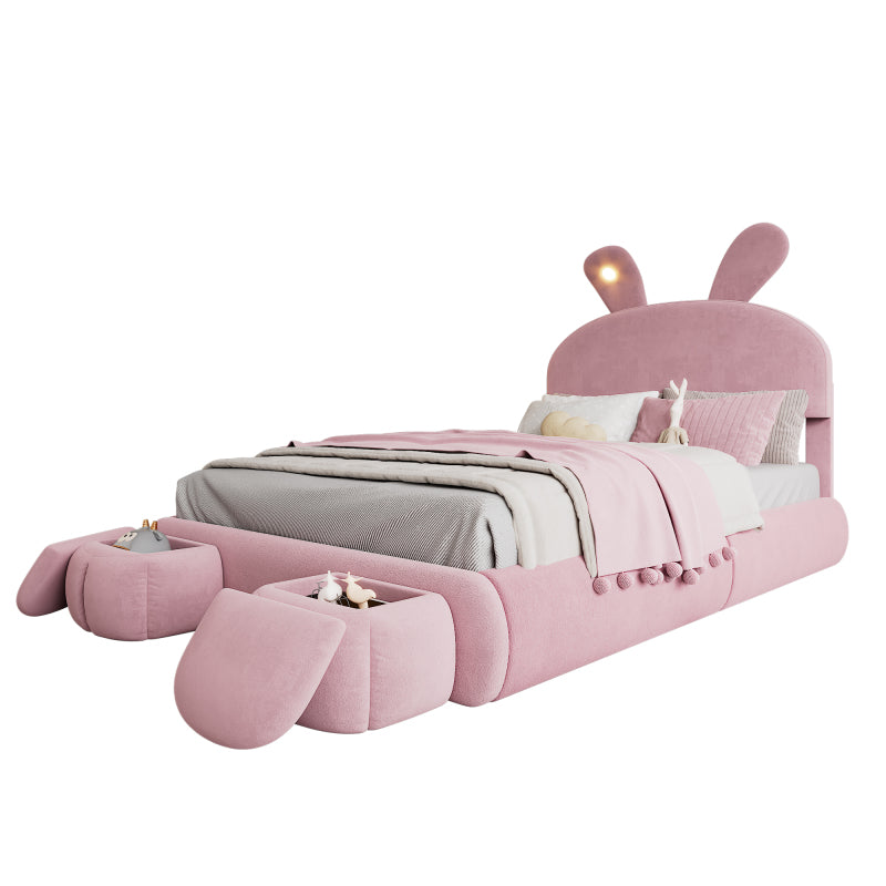 Polsterbett, Doppelbett, hydraulisches Bett, Hasenohren mit einstellbarer Helligkeit warmfarbenen Lichtstreifen, Stauraum unter dem Bett, zwei Aufbewahrungshockern, Samt, Rosa, 140x200cm